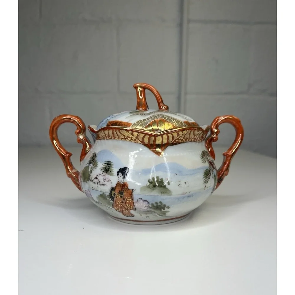 Vintage Kutani Geisha Sugar Bowl BiBi Japan Red Gold Porcelain Hand Painted‎